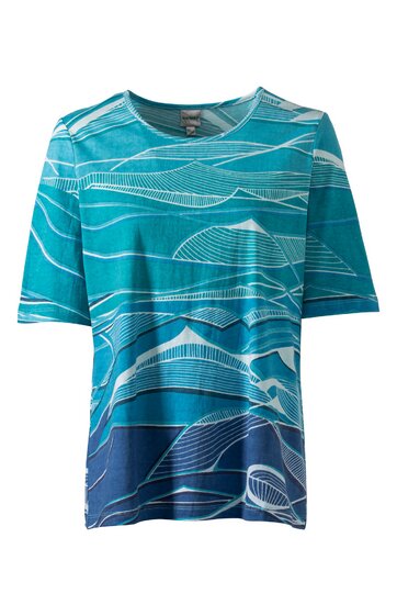 Kurzärmliges T-Shirt in verschiedenen Blautönen mit abstraktem Linienmuster, Rundhalsausschnitt, gerade geschnitten