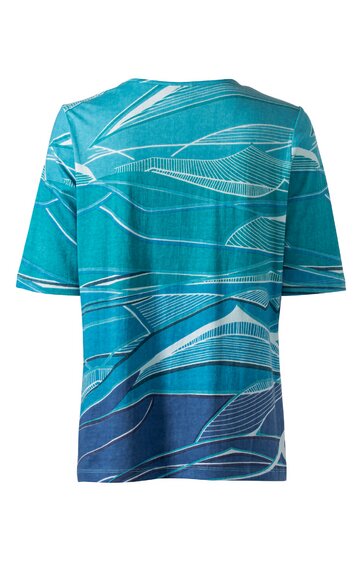 Kurzärmeliges Herren-T-Shirt in Türkis und Blau mit abstraktem Linienmuster, rundem Halsausschnitt, lockere Passform