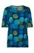 T-Shirt in Dunkelblau mit großen, kreisförmigen Mustern in Hellblau, Türkis und Gelb, Rundhalsausschnitt, halblange Ärmel, gerade geschnitten