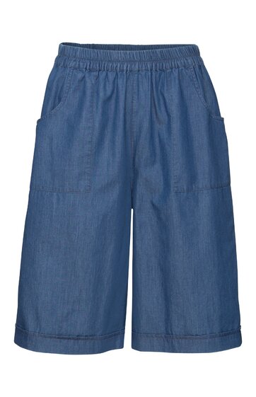 Damen-Hose kurze Weite Form, denimblau, ohne Muster, elastischer Bund, zwei seitliche aufgesetzte Taschen, Beinabschluss mit Umschlag