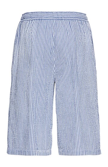 Weiß-blaue Bermudashorts mit engen vertikalen Streifen, elastischem Bund, knielang, weiterer Schnitt