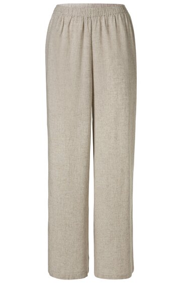 Bequeme Hose in Hellbeige, ohne Muster, mit elastischem Bund, gerade geschnitten, lang, ohne sichtbare Taschen oder Verzierungen