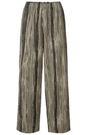 Hose in grüner und schwarzer Farbe mit kleinem Streifenmuster, gerade geschnitten, elastischer Bund, lange Länge, ohne sichtbare Taschen oder Verschlüsse