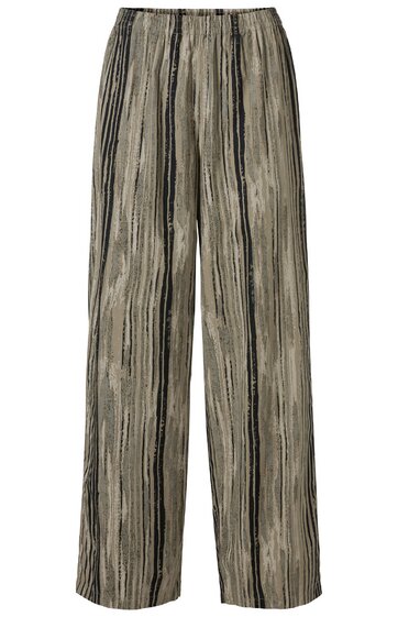 Hose in grüner und schwarzer Farbe mit kleinem Streifenmuster, gerade geschnitten, elastischer Bund, lange Länge, ohne sichtbare Taschen oder Verschlüsse