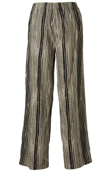 Hose in Beige mit schwarzen und weißen vertikalen Streifen, lockere Passform, gerades Bein, elastischer Bund ohne sichtbare Verschlüsse