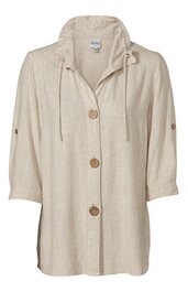 Beiger, langarmiger Blusenshirt mit Knöpfen vorne, Stehkragen mit Kordelzug, 3/4-Ärmel mit Riegel zum Krempeln, lockere Passform