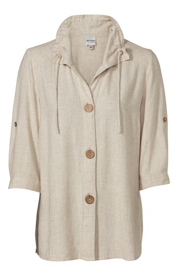 Beiger, langarmiger Blusenshirt mit Knöpfen vorne, Stehkragen mit Kordelzug, 3/4-Ärmel mit Riegel zum Krempeln, lockere Passform