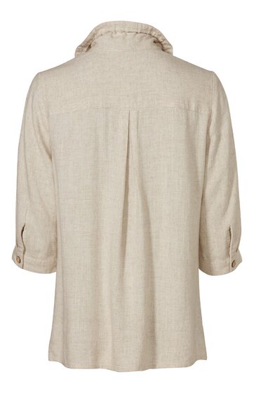 Beige Bluse ohne Muster, Stehkragen, 3/4 lange Ärmel mit geknöpften Manschetten, lockere Passform, Rückansicht