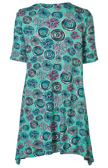 Türkisgrünes Kleid mit abstraktem Kreismuster in Blau und Pink, kurze Ärmel, lockere A-Linien-Form, rundhalsausschnitt, knielang