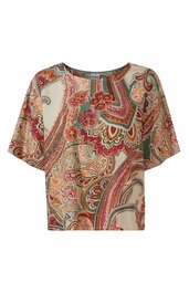 Weites Oberteil in Creme mit buntem Paisley-Muster in Rot, Grün und Orange, rundhalsausschnitt, kurze breite Ärmel, locker geschnitten