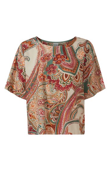 Weites Oberteil in Creme mit buntem Paisley-Muster in Rot, Grün und Orange, rundhalsausschnitt, kurze breite Ärmel, locker geschnitten