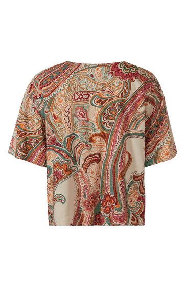 Kurzärmliges Damenoberteil in beige mit rot-braunem Paisley-Muster, Rundhalsausschnitt, lockere Passform