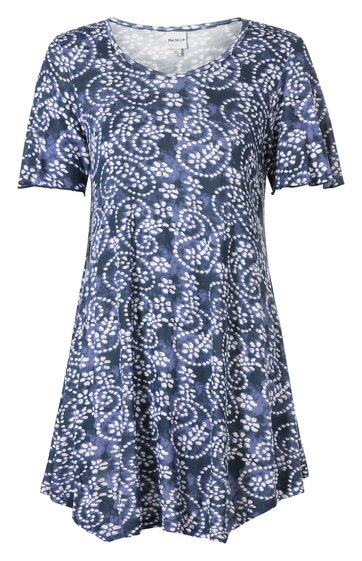 Kurzärmeliges Kleid in Blauton mit weißem, floralen Muster, rundem Ausschnitt, leichte A-Linie, knieumspielende Länge
