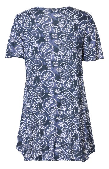 Kurzes Kleid in Dunkelblau mit weißem, abstraktem Punkt- und Wirbelmuster, Rundhalsausschnitt, kurze Ärmel, leicht ausgestellter Schnitt