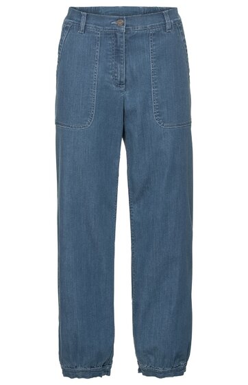 Blaue Jogginghose mit weitem Bein, elastischem Bund mit Knopf und Reißverschluss, zwei großen aufgesetzten Taschen vorne, elastischen Bündchen am Beinabschluss