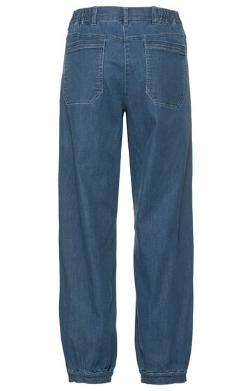 Blaue Jeanshose mit geradem Bein, elastischem Bund hinten, zwei aufgesetzten Gesäßtaschen, elastischem Saumabschluss