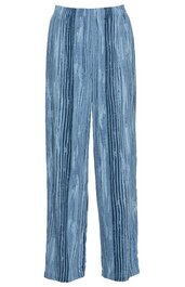 Hose in bläulichem Denim-Ton mit vertikalem Streifenmuster, gerade geschnitten, mit elastischem Bund, lang, keine sichtbaren Taschen oder Verschlüsse