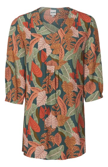 Langärmliges Kleid in Dunkelgrün mit abstraktem Blumen- und Blattmuster in Orange, Rostrot, Hellrosa, besonderer V-Ausschnitt, 3/4 locker geschnittene Ärmel, gerade Form, knielang