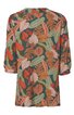 Langärmlige Bluse in dunklem Grünton mit großflächigem Blatt- und Blumenmuster in Orange, Rosé und Hellgrün, Rundhalsausschnitt, lockere Passform, Ärmel bis zum Ellbogen mit Raffung