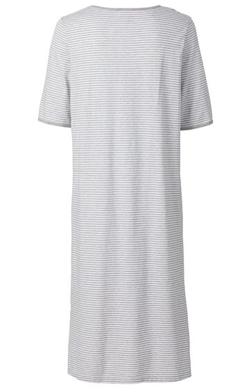 Kurzärmeliges, midilanges T-Shirt-Kleid in Hellgrau mit dünnen, horizontalen Dunkelgrau-Weiß gestreiften Linien, Rundhalsausschnitt, lockere gerade Passform