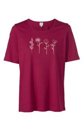 Damen-T-Shirt in dunklem Pink, frontales weißes Blumenmuster mit vier stilisierten Blumen, Rundhals, kurze Ärmel, gerade geschnitten