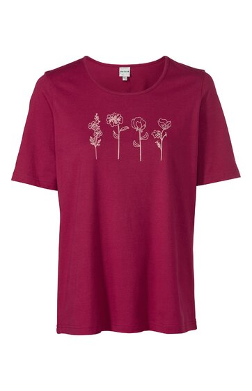 Damen-T-Shirt in dunklem Pink, frontales weißes Blumenmuster mit vier stilisierten Blumen, Rundhals, kurze Ärmel, gerade geschnitten