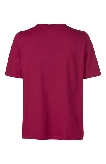 Unifarbenes T-Shirt, dunkelpink, kurzärmlig, Rundhalsausschnitt, gerade geschnitten, Rückansicht