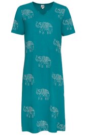 Türkisfarbenes Kleid mit kurzen Ärmeln, V-Ausschnitt, gerade geschnitten, mit weißem Elefanten-Muster, knielang