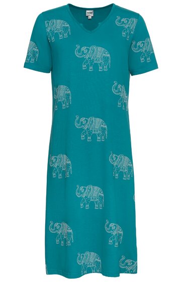 Türkisfarbenes Kleid mit kurzen Ärmeln, V-Ausschnitt, gerade geschnitten, mit weißem Elefanten-Muster, knielang