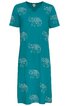 Türkisfarbenes Kleid mit kurzen Ärmeln, V-Ausschnitt, gerade geschnitten, mit weißem Elefanten-Muster, knielang