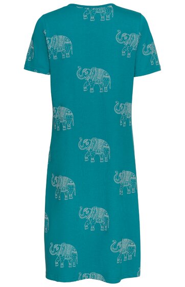 Türkisfarbenes Kleid mit elefantenförmigem Muster in Weiß, rundhals, kurze Ärmel, gerade geschnitten, knielang