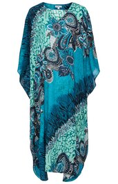 Türkisfarbenes Kaftankleid mit floralen und Paisley-Mustern in Dunkelblau und Schwarz, weite Form mit rundem Ausschnitt, ärmelloses Design, fließender Stoff