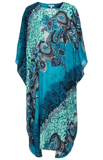 Türkisfarbenes Kaftankleid mit floralen und Paisley-Mustern in Dunkelblau und Schwarz, weite Form mit rundem Ausschnitt, ärmelloses Design, fließender Stoff