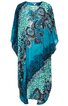 Türkisfarbenes Kaftankleid mit floralen und Paisley-Mustern in Dunkelblau und Schwarz, weite Form mit rundem Ausschnitt, ärmelloses Design, fließender Stoff