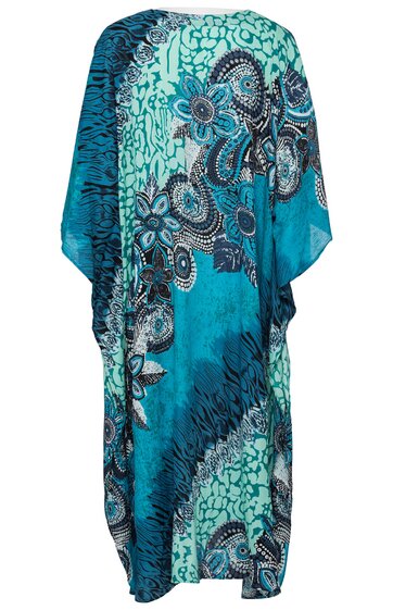 Kaftan, türkis mit dunkelblauen und schwarzen Paisley- und floralem Muster, lockere lange Form, Rundhalsausschnitt, weit geschnitten