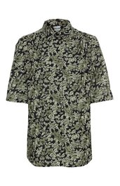 Damenbluse olivgrün mit schwarzem floralem Muster, Hemdblusenkragen, halblange Ärmel, frontale Knopfleiste, gerade geschnitten