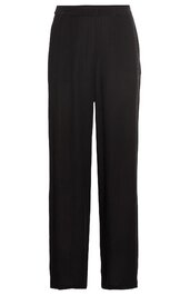 Schwarze, gerade geschnittene Hose mit elastischem Bund, aus glattem Stoff, lange Länge, ohne sichtbare Taschen oder Verzierungen