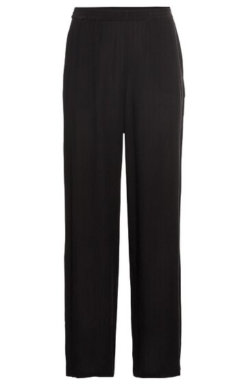 Schwarze, gerade geschnittene Hose mit elastischem Bund, aus glattem Stoff, lange Länge, ohne sichtbare Taschen oder Verzierungen