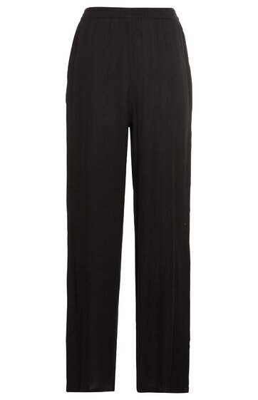 Schwarze gerade geschnittene Hose ohne Muster, elastischer Bund, lang, keine sichtbaren Taschen oder Verzierungen