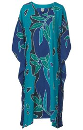 Blau-türkises Kaftankleid mit großflächigem Blattmuster, V-Ausschnitt, locker fallend, ärmellos, gerade Säume