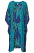 Blau-türkises Kaftankleid mit großflächigem Blattmuster, V-Ausschnitt, locker fallend, ärmellos, gerade Säume