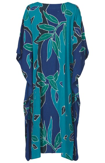 Locker fallendes Kaftankleid in Türkis und Marineblau, großes florales Blattmuster, rundhals Ausschnitt, weiter Schnitt, knielang