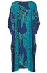 Locker fallendes Kaftankleid in Türkis und Marineblau, großes florales Blattmuster, rundhals Ausschnitt, weiter Schnitt, knielang
