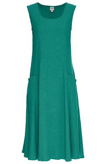 Ärmelloses Kleid in smaragdgrün, unifarben, runder Ausschnitt, zwei seitliche Taschen, ausgestellter Rock, knielang