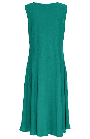 Ärmelloses Kleid in türkisgrün, ausgestellter Rock, rundhals Ausschnitt, knielang