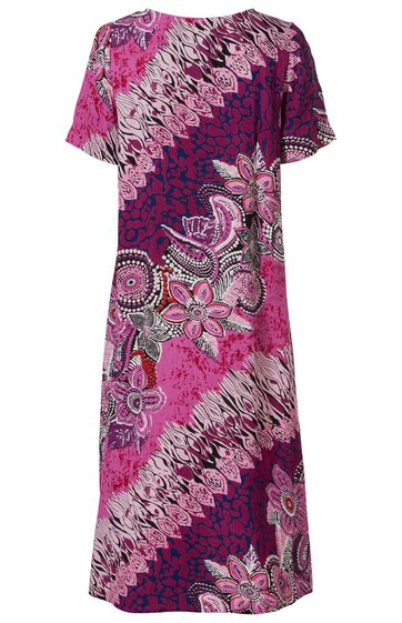 Knielanges Kleid in Magenta und Dunkelblau mit floralem und geometrischem Muster, kurze Ärmel, rundhalsausschnitt, gerade geschnitten