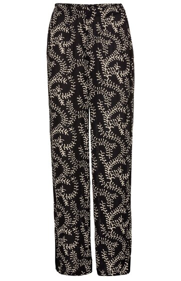 Hose in Schwarz mit cremeweißem, fraktalem Pflanzenmuster, gerade geschnittene Beine, elastischer Bund