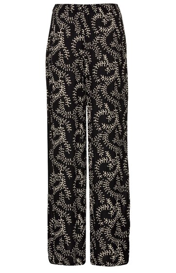 Schwarze weite Hose mit weißen pflanzenähnlichen Muster, hoher Bund, gerade geschnitten