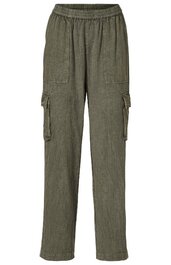 Hose, olivgrün, unifarben, elastischer Bund, zwei große aufgesetzte Taschen vorne, zwei seitliche seitliche Klappentaschen, gerade geschnitten