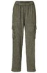 Hose, olivgrün, unifarben, elastischer Bund, zwei große aufgesetzte Taschen vorne, zwei seitliche seitliche Klappentaschen, gerade geschnitten